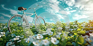 Bicycle on the meadow with flowers and blue sky background.
