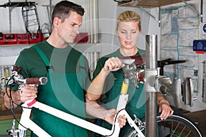 Bicycle mechanic and apprentice repairing a bike