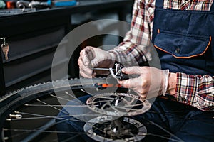 Bicycle mechanic fixing cycle wheel in repair shop. Velocipede service. Repairer male bike shop engineer fix bicycle wheel in