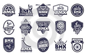 Bicycle motocross badges. Bmx extreme label, sport bike emblem and bicycle rider club vector set