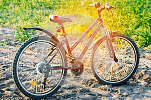 Bicycle on nature close up, travel, healthy lifestyle, country walk. sunny day