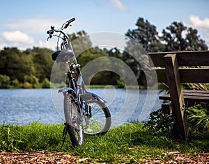 Bicycle near bench and pond in park