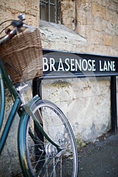 Bicycle Next To Brasenose Lane Sign Outside Oxford University Co