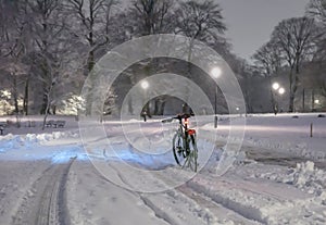 Bicycle at night in a snowy and cold park...