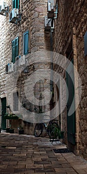 A bicycle in one of the narrow streets of Kotor. Montenegro