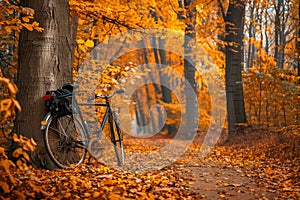 Bicycle Parked Along Autumn Leaf Covered Path