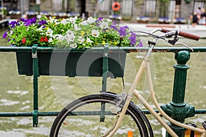 Bicycle parked on the bridge with flowers in Amsterdam Holland