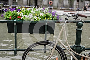 Bicycle parked on the bridge with flowers in Amsterdam Holland