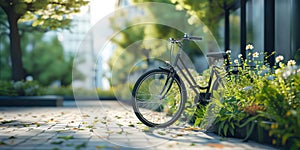 Bicycle parked in the city park. Healthy lifestyle concept. Selective focus.