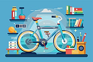 A bicycle is parked in front of a bookshelf indoors, Indoor bike Customizable Disproportionate Illustration