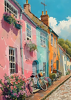 a bicycle is parked in front of a row of colorful houses