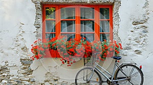 Bicycle parked beside hanging red orange window flower box pot on exterior house wall