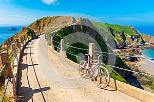 Bicycle parked on Isthmus on Sark, Channel Islands, UK