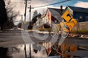bicycle parked near a pothole with a caution sign in the background