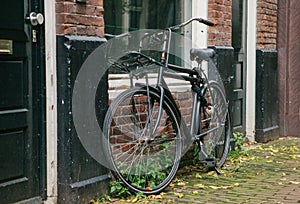 The bicycle is parked next to the house in Amsterdam in Europe. European style of life. A popular, healthy and eco