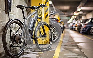A bicycle is parked in a parking garage. The garage is full of cars and the bicycle is the only one visible
