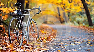 A bicycle is parked on the side of a road in the fall