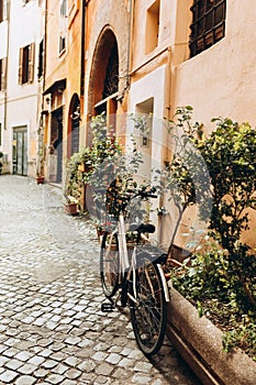 Bicycle parked on the street in Rome, Italy. Old bike against the orange wall at home. City transport concept. Lush