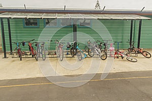 Bicycle parking children in the schoolyard