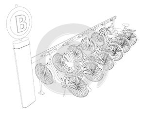 Bicycle parking contour from black lines isolated on white background. Isometric view. Vector illustration