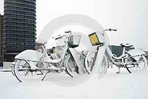 row of bicycles covered with snow