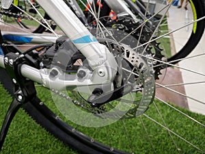 bicycle parts disc brake bike back wheel in close up.