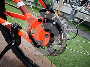 bicycle parts disc brake bike back wheel in close up.