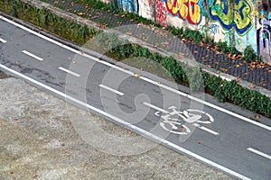 Bicycle path drawn on the asphalt road. Lanes for cyclists. Traffic signs and safety. Cycleway