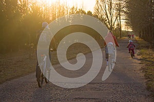 Bicycle path, people ride their whole family on bicycles, a sporty and healthy lifestyle and the setting sun