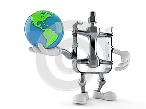 Bicycle pedal character holding world globe