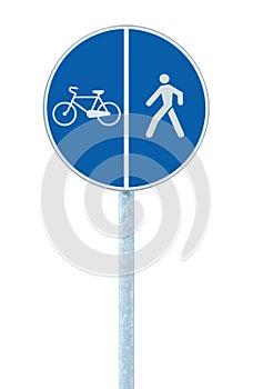 Bicycle and pedestrian lane road sign on pole post, large blue round isolated bike cycling and walking walkway footpath route