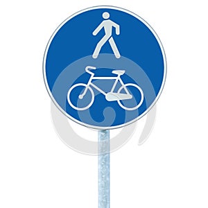 Bicycle and pedestrian lane road sign on pole post, large blue round isolated bike cycling walking walkway footpath trail route