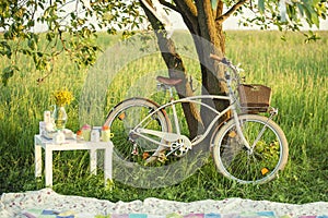 Bicycle with picnic set in summer day photo