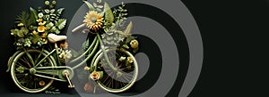 Bicycle with plants and flowers, eco and environment concept, sustainable transport and travel, protect nature, bike and earth day