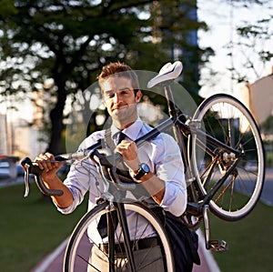 Bicycle, portrait and business man for commute, transportation and carbon neutral in city. Professional, sustainable and