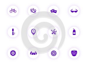 bicycle purple color vector icons on light round buttons