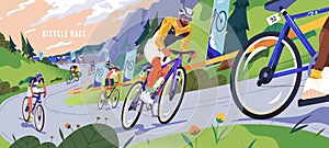 Bicycle race, Tour de France. Cyclists cycling on road bikes. People racers riding at fast speed at sport competition