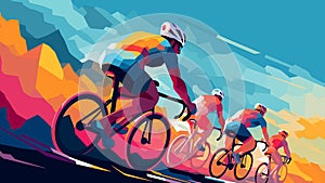 Bicycle racers riding bikes on cycling tournament. Cycle sport low-poly style vector poster.