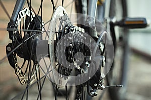 Bicycle rear derailleurs. Sprocket cassette with chain, shifter and disk brake. Bike repair and maintenance work.