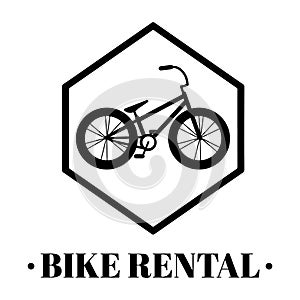 Bicycle rental icon  logo. Vector illustration with bike and text in black and white.