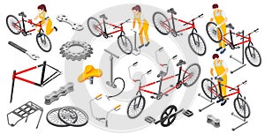 Bicycle repair male female mechanics service isometric set with tandem bike pump saddle wheels frame vector