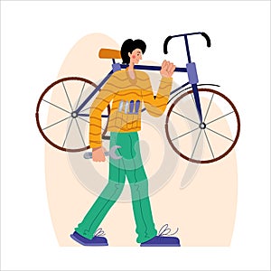 Bicycle repair. A man carries a bicycle for repair. Web graphics, banners, advertisements, business templates.