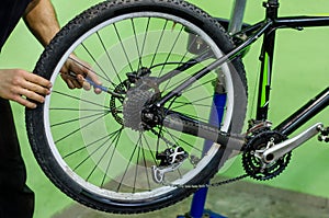 bicycle repair. mountain bike in the workshop. Rear disc brake adjustment