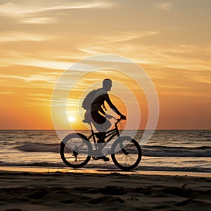 bicycle rider on beach sillouette at sunset