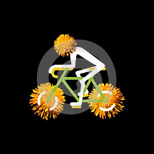 Bicycle rider with dandelion flower wheels on black. Vector illustration