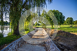 Bicycle road construction site at boating lake Csonakazo to in City Kanizsa, Hungary