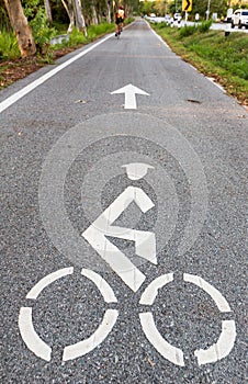 Bicycle road sign and arrow bike lane symbol,bike lane in the garden sightseeing and ride bike in the park.