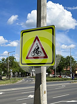 Bicycle road sign on a pole
