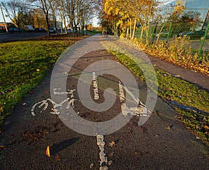 Bicycle road signs on the road. Autumn, Stevenage, UK