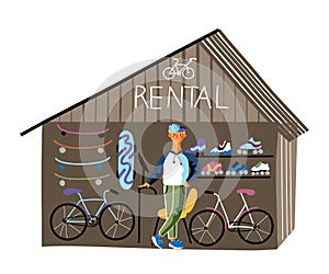Bicycle, rollers rental kiosk vector illustration